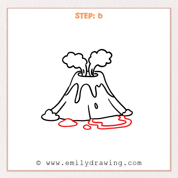 how to draw a cartoon volcano - Step 6 of how to draw a cartoon volcano adds a large wavy lava pool on the ground plus a small lava mound and droplet to finish the erupting scene.